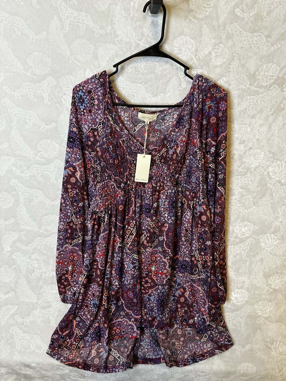Melloday Paisley Print Smocked Long Sleeve Top Size XL